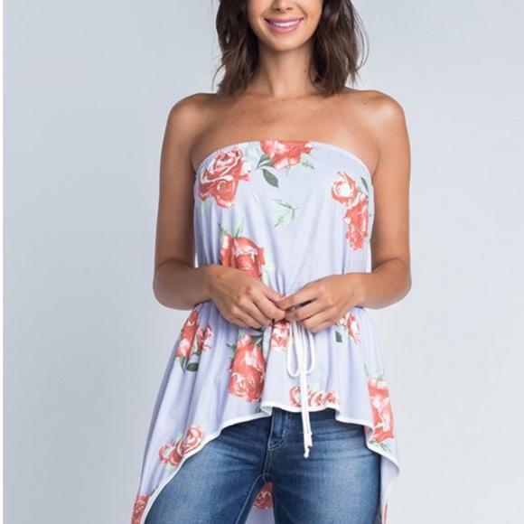 Floral Hi-Lo Strapless Waist Tie Top - Picture 2 of 4